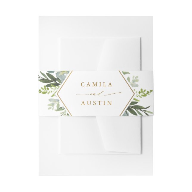 Watercolor Greenery Gold Hexagon Wedding Einladungsbanderole (Vorderseite Beispiel)