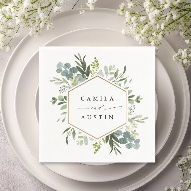 Watercolor Greenery Gold Hexagon Wedding Napkins Serviette (Von Creator hochgeladen)