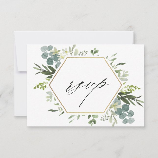 Watercolor Greenery Gold Hexagon Wedding RSVP Karte (Vorderseite)