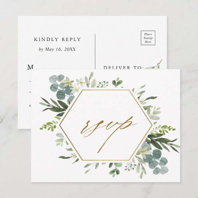 Watercolor Greenery Gold Hexagon Wedding RSVP Postkarte (Vorne/Hinten)