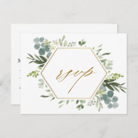 Watercolor Greenery Gold Hexagon Wedding RSVP