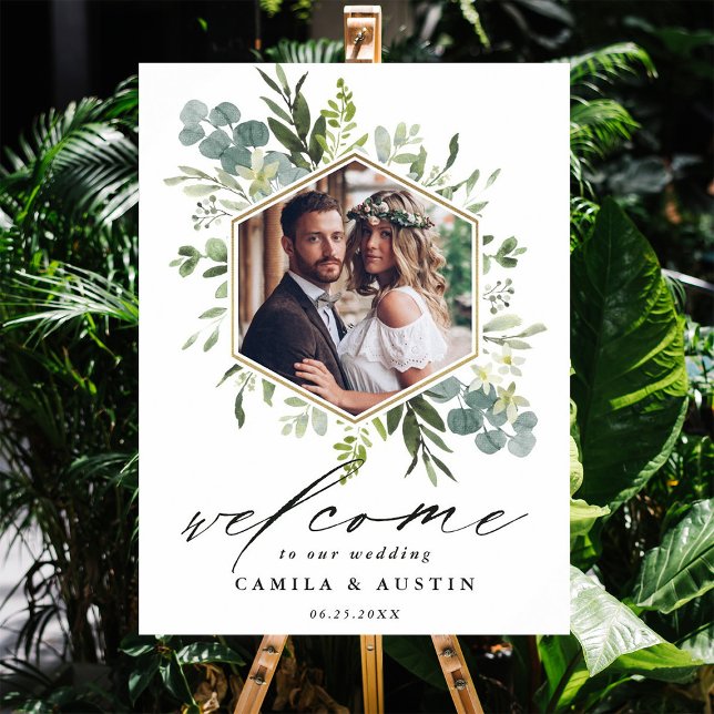 Watercolor Greenery Gold Hexagon Wedding Sign Poster (Von Creator hochgeladen)