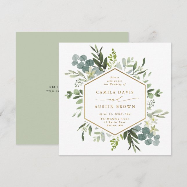 Watercolor Greenery Gold Hexagon Wedding Square Einladung (Vorne/Hinten)