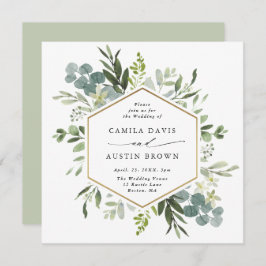 Watercolor Greenery Gold Hexagon Wedding Square Einladung