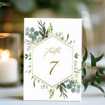 Watercolor Greenery Gold Hexagon Wedding Table Num Tischnummer<br><div class="desc">Diese Hochzeitsfeier Tischnummer zeigt gemalte Aquarell Eukalyptus,  grüne Blätter,  Blume mit einem Imitat Gold geometrischen Hexagon Rahmen. Für eine weiter gehende Anpassung dieses Designs klicken Sie bitte auf den Link "Weitere Anpassung". Matching-Elemente sind ebenfalls verfügbar.</div>