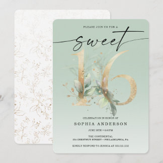Watercolor Greenery Gold Sweet 16 Geburtstag Einla Einladung