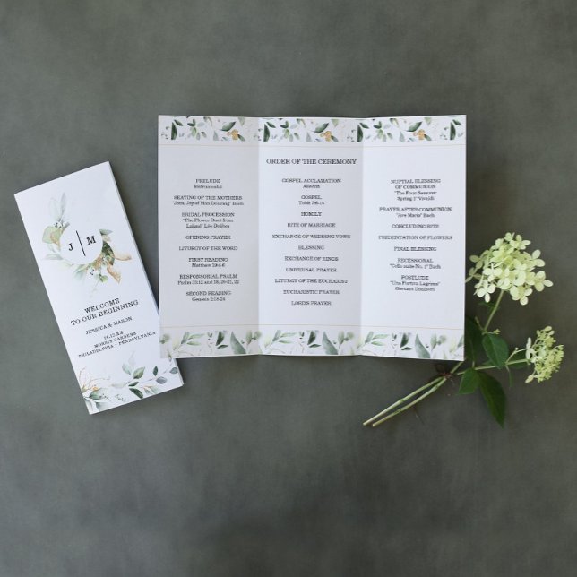 Watercolor Greenery Gold Trifold Wedding Program Flyer (Von Creator hochgeladen)
