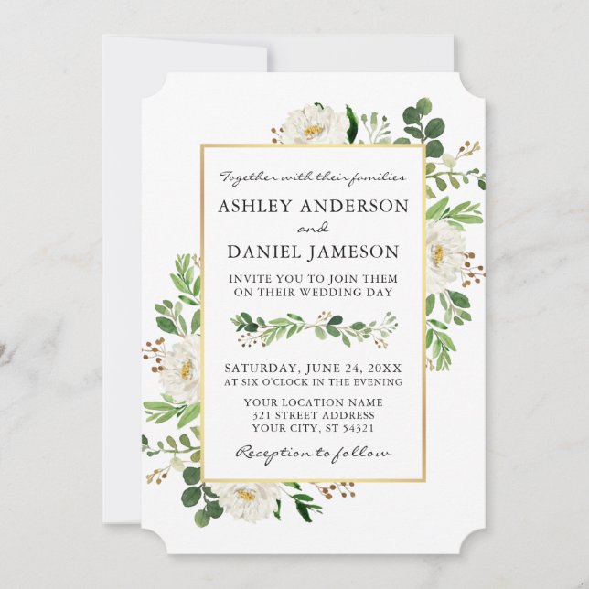 Watercolor Greenery Gold White Floral Wedding Einladung (Vorderseite)