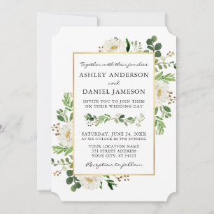 Watercolor Greenery Gold White Floral Wedding Einladung