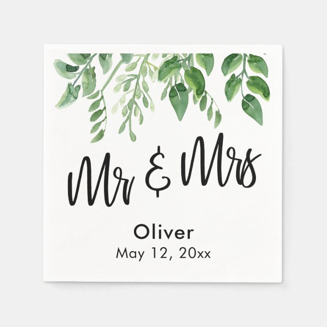 Watercolor Greenery Handwriting Mr & Mrs. Serviette (Vorderseite)
