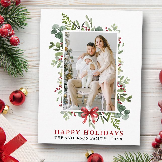 Watercolor Greenery Happy Holidays Red Bow Postkarte (Customize to change text size or text style.)
