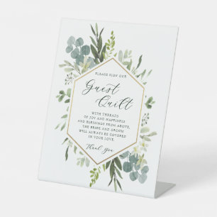Watercolor Greenery Hexagon Wedding Guest Quilt Sockelschild