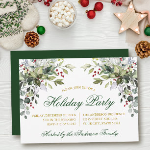 Watercolor Greenery Holly Gold Holiday Party Einladung