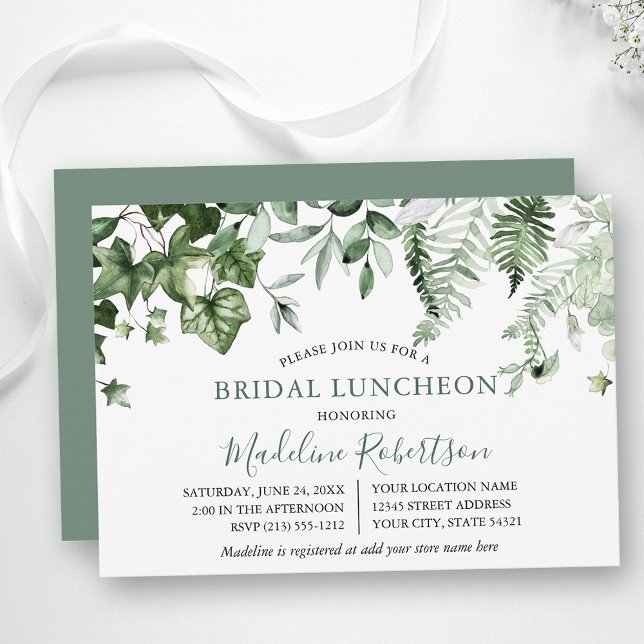Watercolor Greenery Ivy Ferns Sage Green Luncheon Einladung (Customize to change text size, style or color of back of card.)