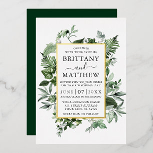 Watercolor Greenery Ivy Ferns Sage Wedding Gold Folieneinladung