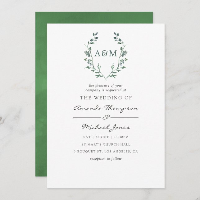 Watercolor Greenery Laurel Wappen Monogram Wedding Einladung (Vorne/Hinten)