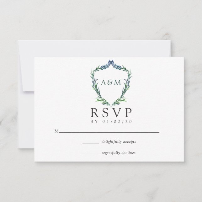 Watercolor Greenery Laurel Wappen Monogram Wedding RSVP Karte (Vorderseite)