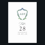 Watercolor Greenery Laurel Wappen Monogram Wedding Tischnummer<br><div class="desc">Leafy Wappen mit Monogramm Hochzeitskarten mit eleganter Handschrift Typografie anpassbar mit den Initialen des Paares.</div>
