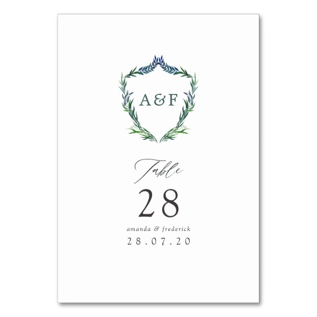Watercolor Greenery Laurel Wappen Monogram Wedding Tischnummer (Vorderseite)