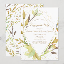 Watercolor Greenery Leaf Gold Engagement Party Einladung
