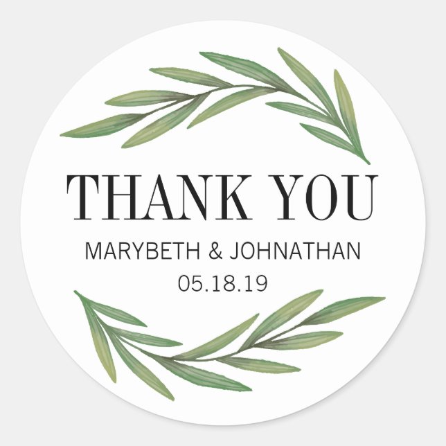 Watercolor Greenery Leaf Wedding Danke Sticker (Vorderseite)