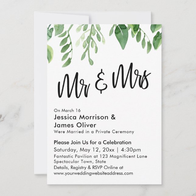 Watercolor Greenery Mr & Mrs Post-Wedding Party Einladung (Vorderseite)