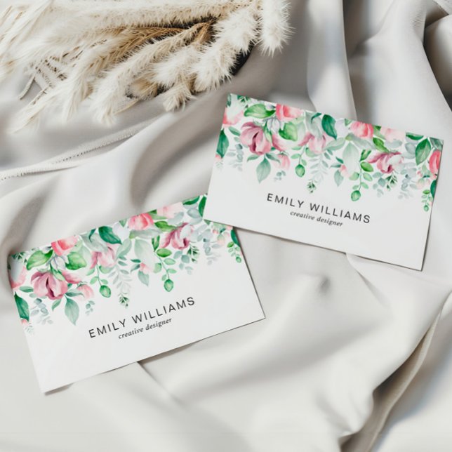 Watercolor Greenery Pink Flowers Business Card Visitenkarte (Von Creator hochgeladen)