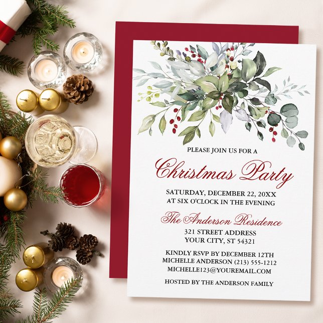 Watercolor Greenery Red Berries Weihnachtsfest Par Einladung (Customize to change text color, size, style or to change color of back of card.)