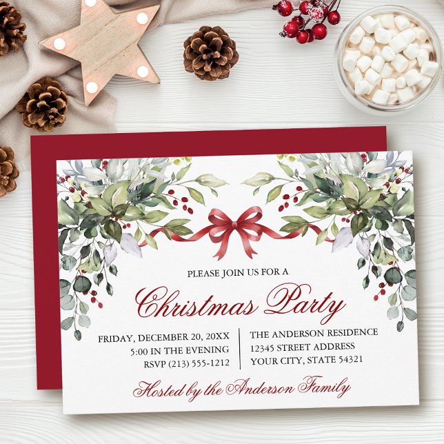 Watercolor Greenery Red Bow Christmas Party Einladung (Customize to change text size, color, style or to change color of back of card.)