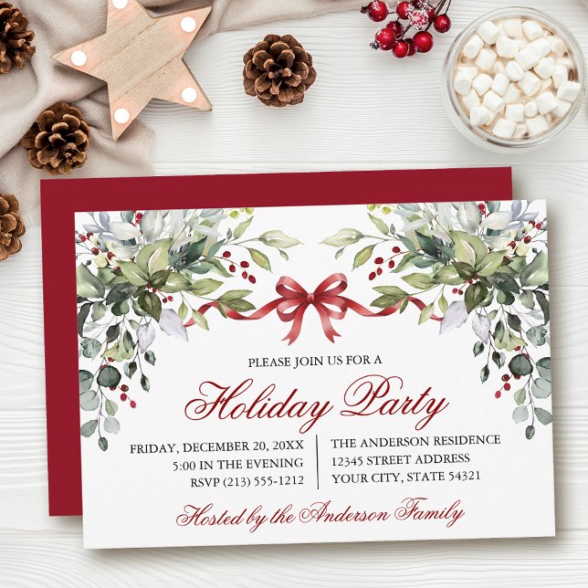 Watercolor Greenery Red Bow Holiday Party Einladung (Customize to change text size, color, style or to change color of back of card.)