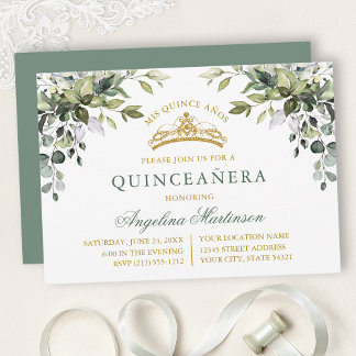 Watercolor Greenery Sage Green Gold Quinceanera Einladung