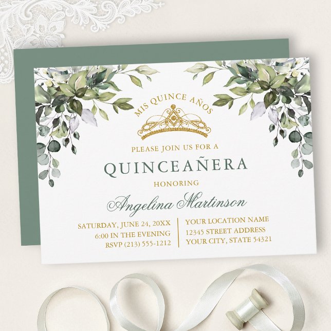 Watercolor Greenery Sage Green Gold Quinceanera Einladung (Customize to change text color, text style or color of back of card.)