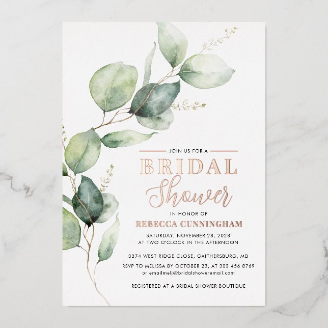 Watercolor Greenery Script Bridal Shower Folieneinladung (Vorderseite)