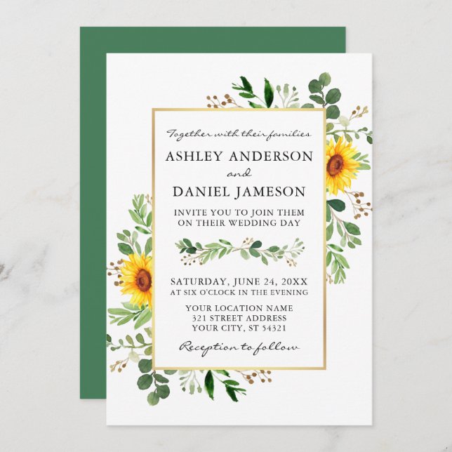 Watercolor Greenery Sonnenblumen Goldene Hochzeit Einladung (Vorne/Hinten)
