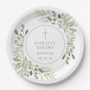 Watercolor Greenery Taufe Christening Pappteller