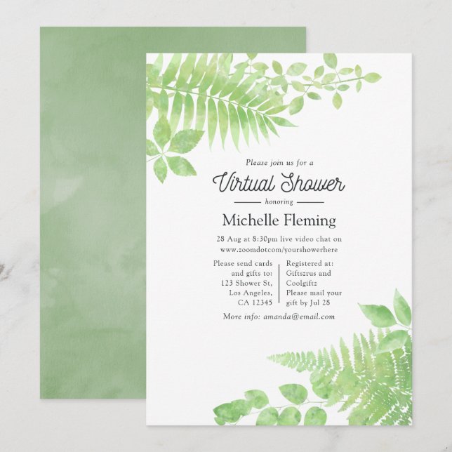Watercolor Greenery Virtual Baby Shower Einladung (Vorne/Hinten)
