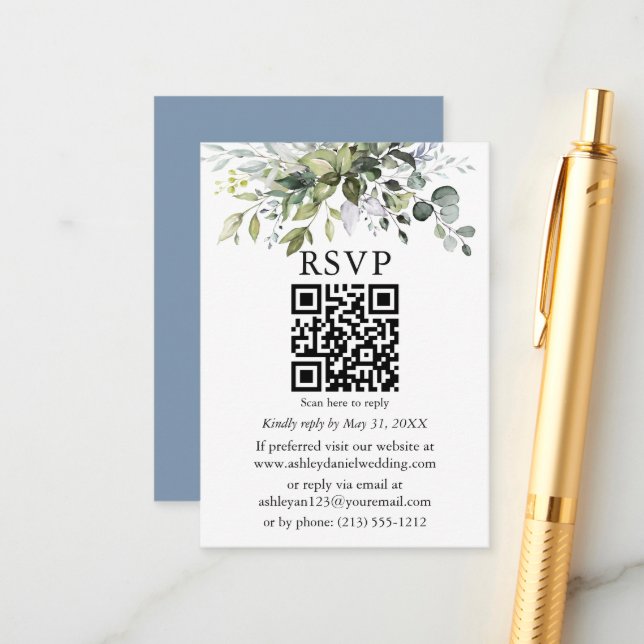 Watercolor Greenery Wedding Dusty Blue QR UAWG Begleitkarte (Vorderseite/Rückseite Beispiel)