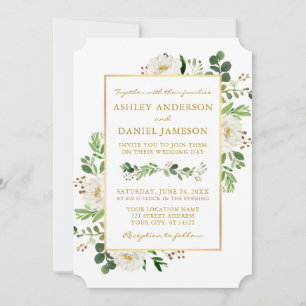 Watercolor Greenery White Floral Gold Hochzeit Einladung