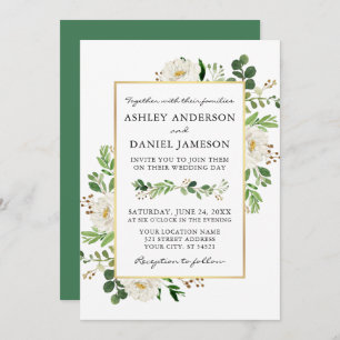 Watercolor Greenery White Floral Gold Hochzeit Einladung