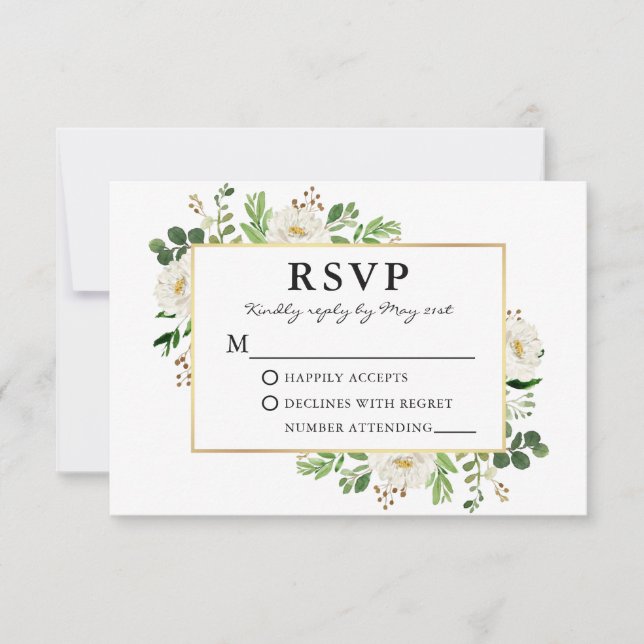 Watercolor Greenery White Floral Gold Hochzeit RSVP Karte (Vorderseite)