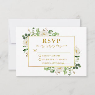 Watercolor Greenery White Floral Wedding Gold RSVP Karte