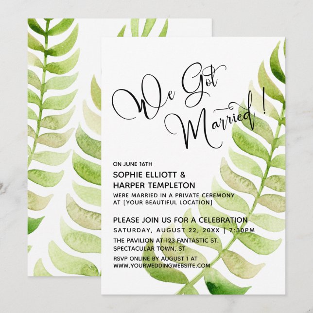 Watercolor Greenery Wir Got Verheiratet! Hochzeit Einladung (Vorne/Hinten)