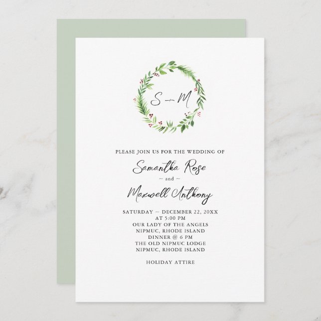 Watercolor Greenery Wreath Wedding Einladung (Vorne/Hinten)