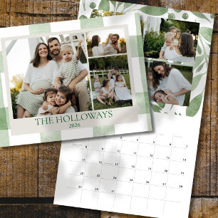 Watercolor-Grün-Gingham-Familienfoto-Kalender Kalender