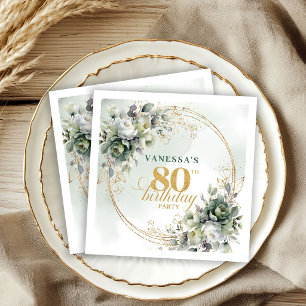 Watercolor Grün Gold 80. Geburtstag Laub Serviette