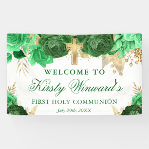 Watercolor Grün Gold Blumen 1. Heilige Kommunion Banner