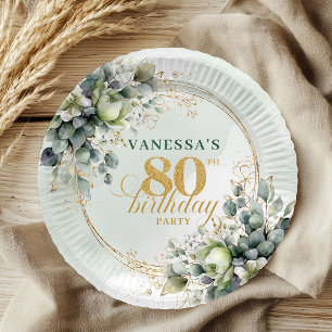 Watercolor Grün Gold Eukalyptus 80. Geburtstag Pappteller