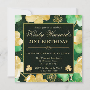 Watercolor Grün & Gold Shamrock 21. Geburtstag Einladung