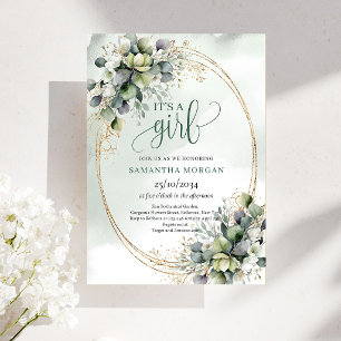 Watercolor-Grün-Gold-Thema Es ist ein Mädchen Einl Einladung