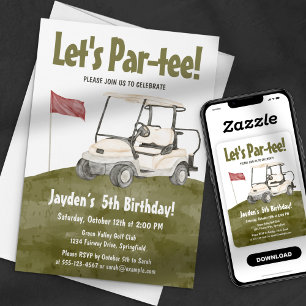 Watercolor Grün Let's Par-tee Golf Cart Geburtstag Einladung